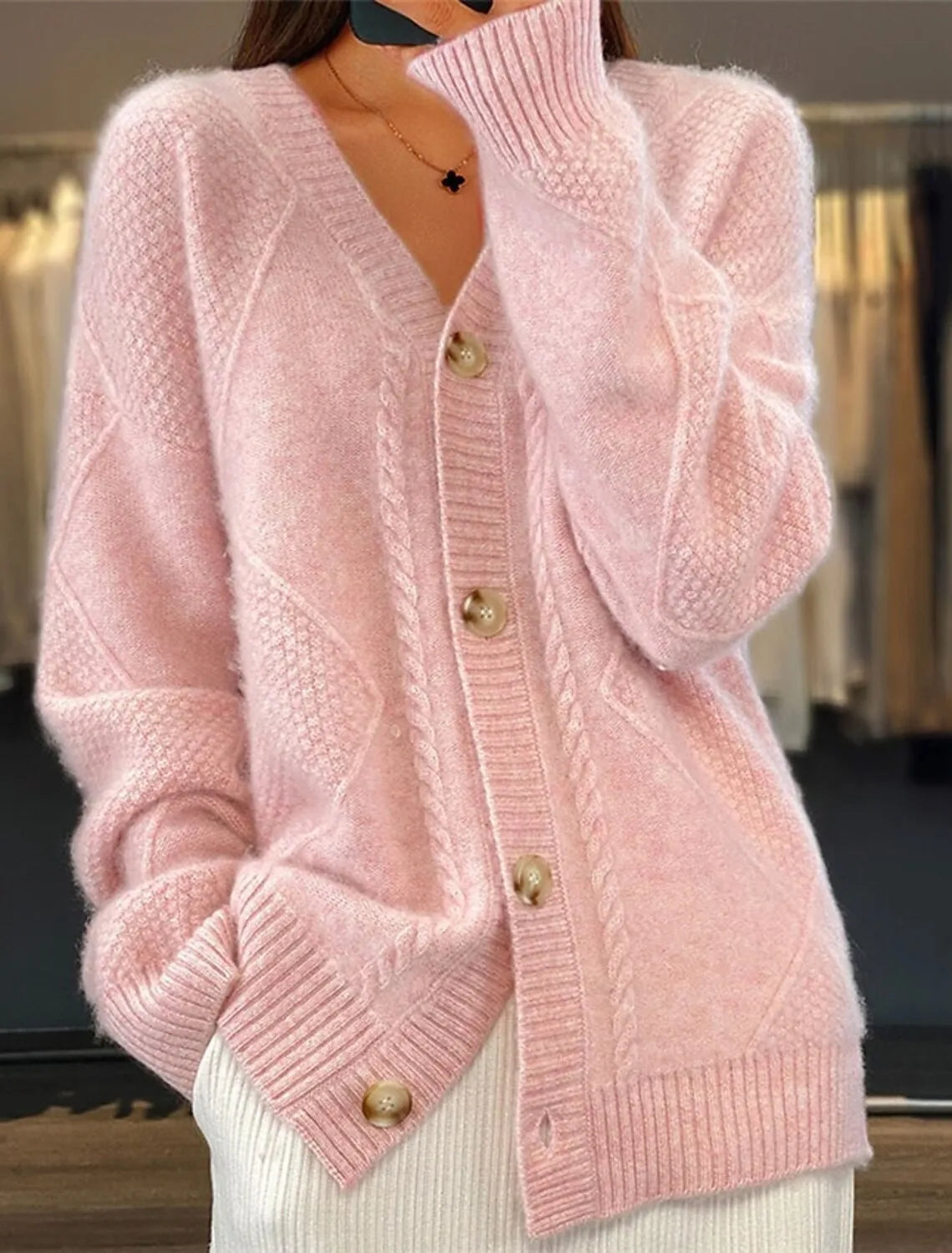 autumn and winter new solid color long sleeved V-neck knitted cardigan with breasted jacquard women's sweater Ürün ana görseli