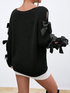Fashionable bow details hollowed out raglan sleeves knit sweater round neck minimalist sweater