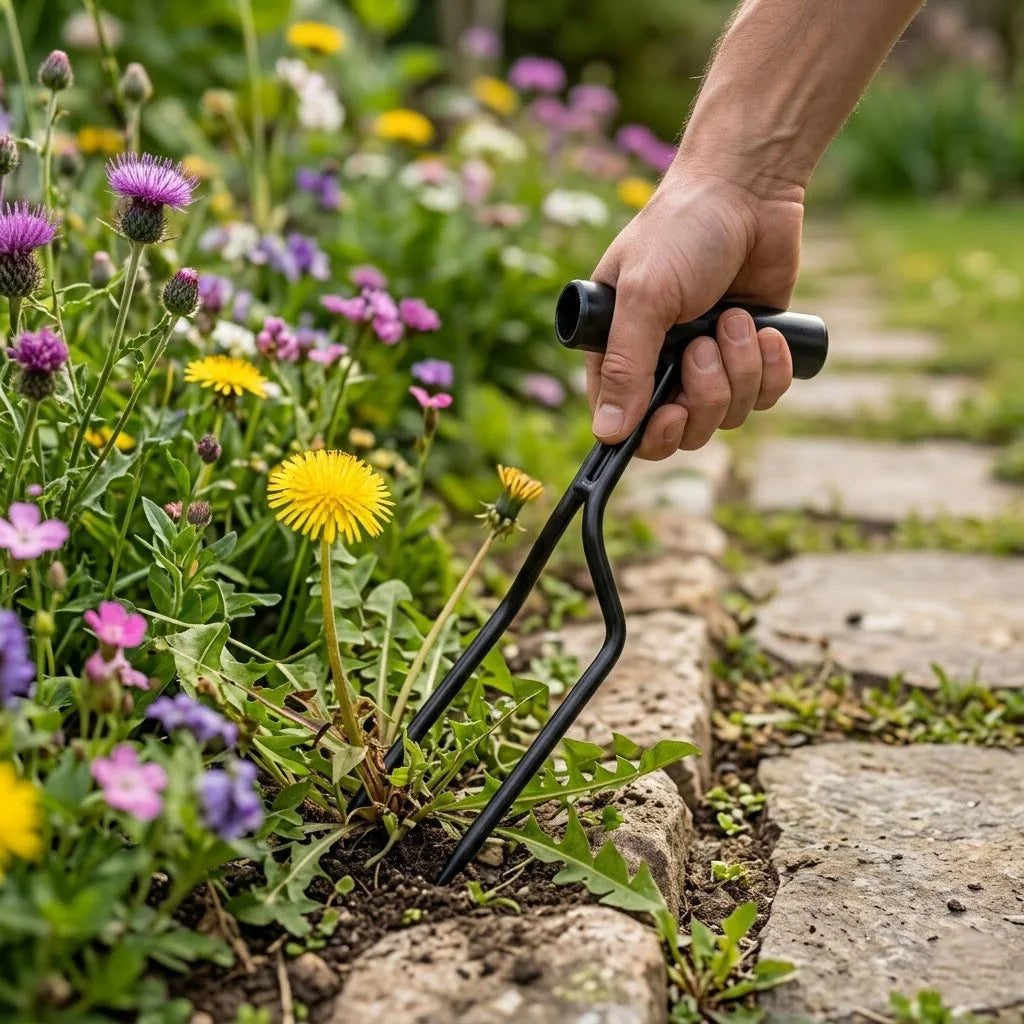 Handheld Dual-Prong Gardening Fork Carbon Steel Weeder Tool for Home Gardening & Soil Loosening