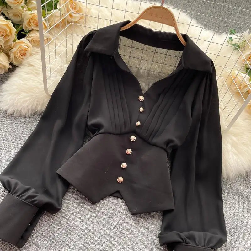 White Casual Polo-Neck Pullover Buttons Puff Sleeve Straight Women's Blouse Short Shirt Female Clothing Tops 2024 Fashion Secondary image