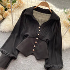 White Casual Polo-Neck Pullover Buttons Puff Sleeve Straight Women's Blouse Short Shirt Female Clothing Tops 2024 Fashion