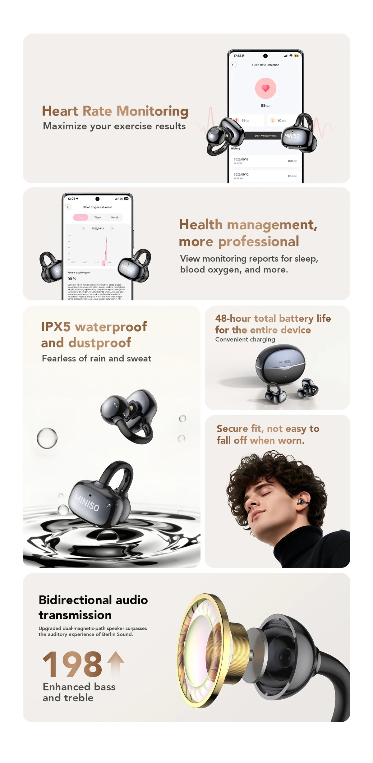MINISO MS503 Wireless Bluetooth Earbuds AI Translation Earphones Outdoor Sports Headphones Clear Sound Headset Soft Comfortable