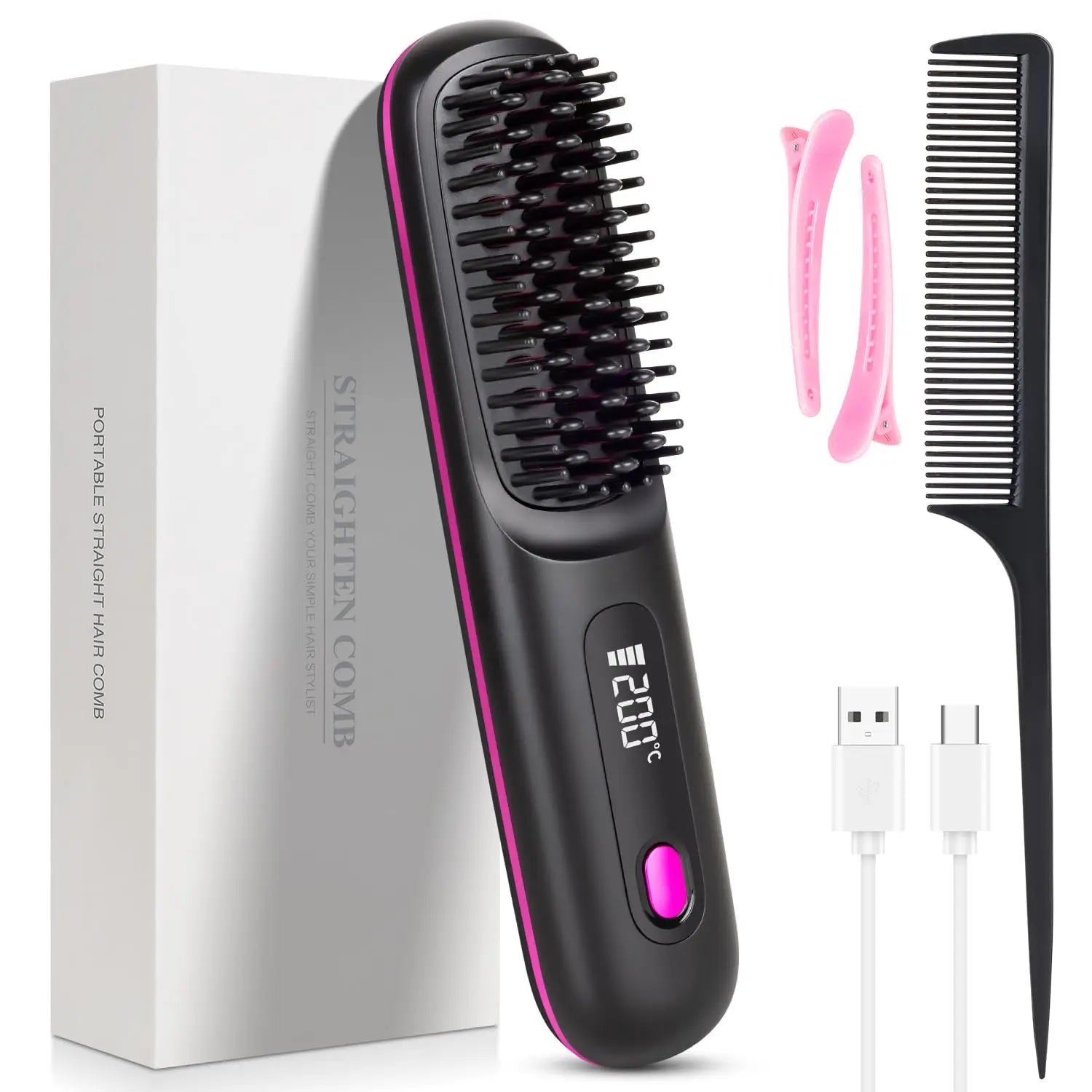 USB Charging Portable Hair Straightener Brush, Cordless Straightening Comb LED Display & Ceramic Coating, Ionic Technology Ürün ana görseli