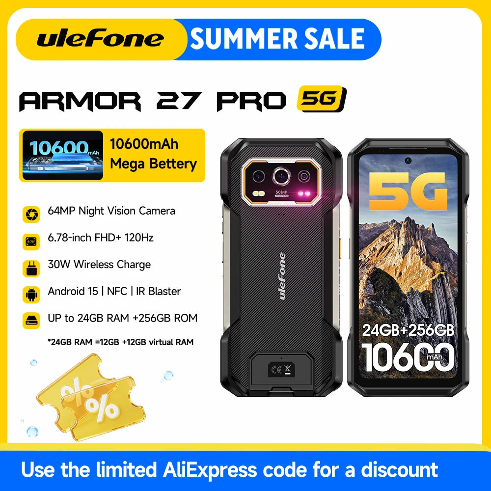 Ulefone Armor 27 Pro 5G Rugged Phone 10600mAh Smartphone 50MP Camera 64MP Night Android 15 Up to 24GB+256GB NFC Waterproof Phone Main image