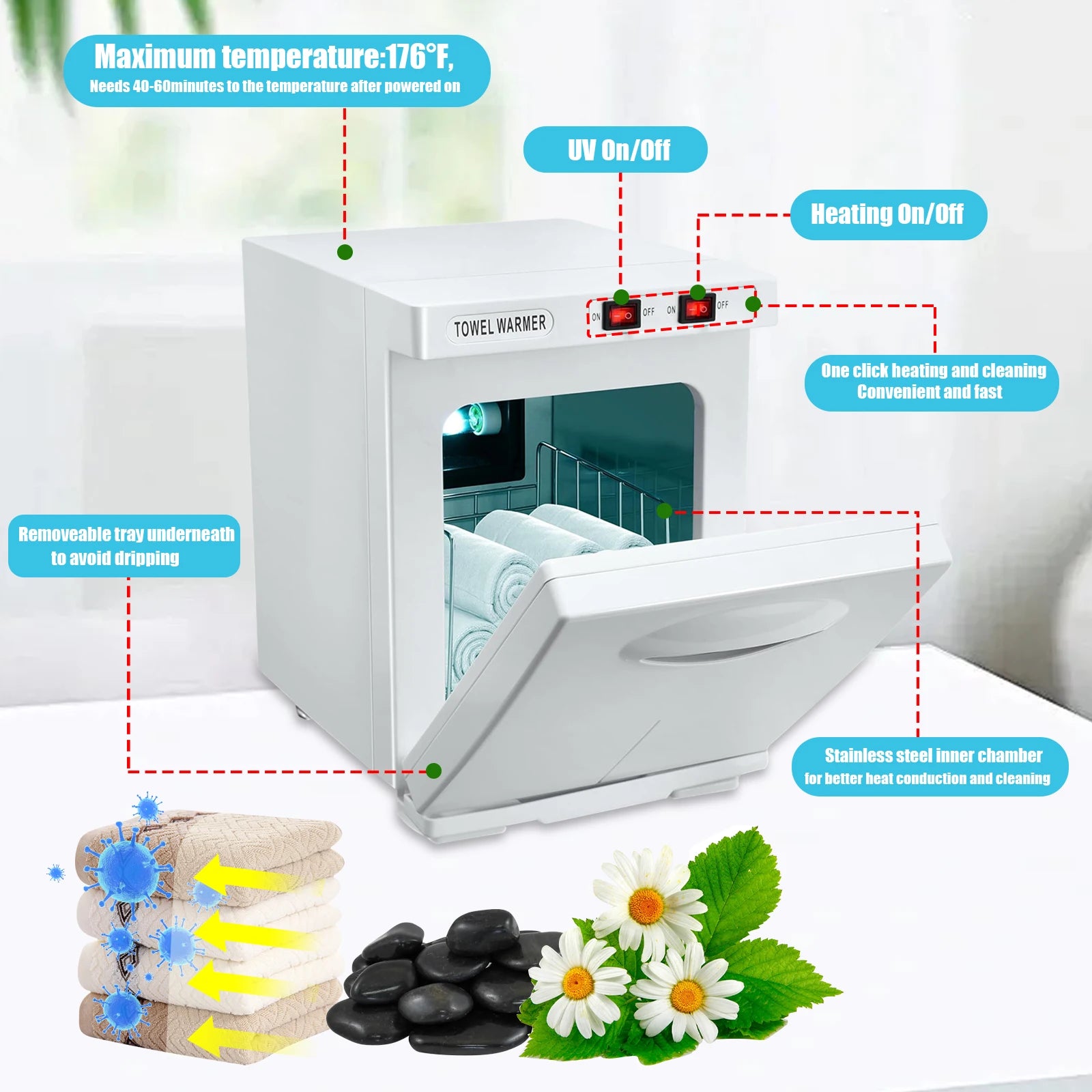 150W UV Ozone Heated Towel Sterilizer Cabinet  5L Fast Warm-Up for Spa Nail Salon 3-in-1 Disinfection with Heat & UV & Ozone