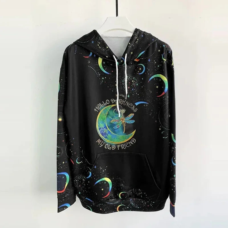 Moon Print Kangaroo Pocket Hoodie, Casual Long Sleeve Drawstring Hoodies Sweatshirt Women's Clothing