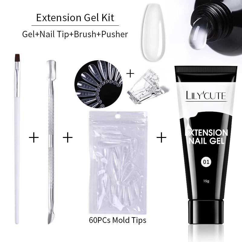 LILYCUTE 15ml Extension Gel Nail Polish Set Quick Nail Prolong With Extend Mold Nail Tips Acrylic Solution Manicure Tools Kit