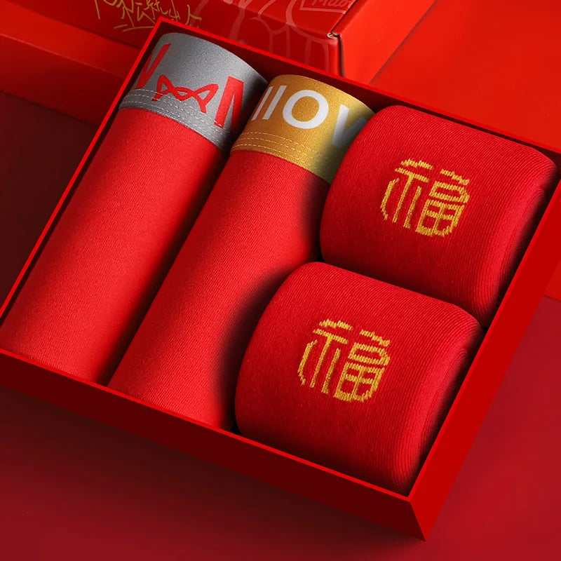 MiiOW Organic Cotton Boxer Socks Set Men Underwear Boxers Trunks Antibacterial Male Panties Boxershorts Underpants Red L-3XL New