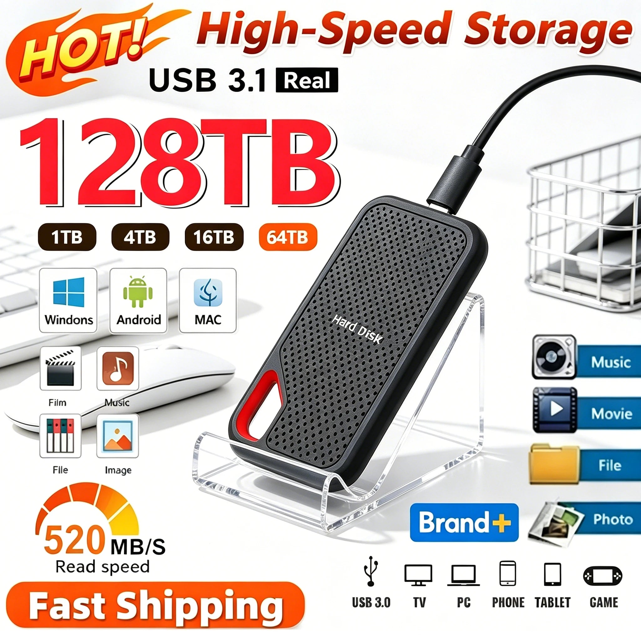 High-Speed Original SSD 2TB Portable USB3.1 Hard Drive 4TB Noiseless Disk for Freelancer Laptop Tablet Workbench Ürün ana görseli