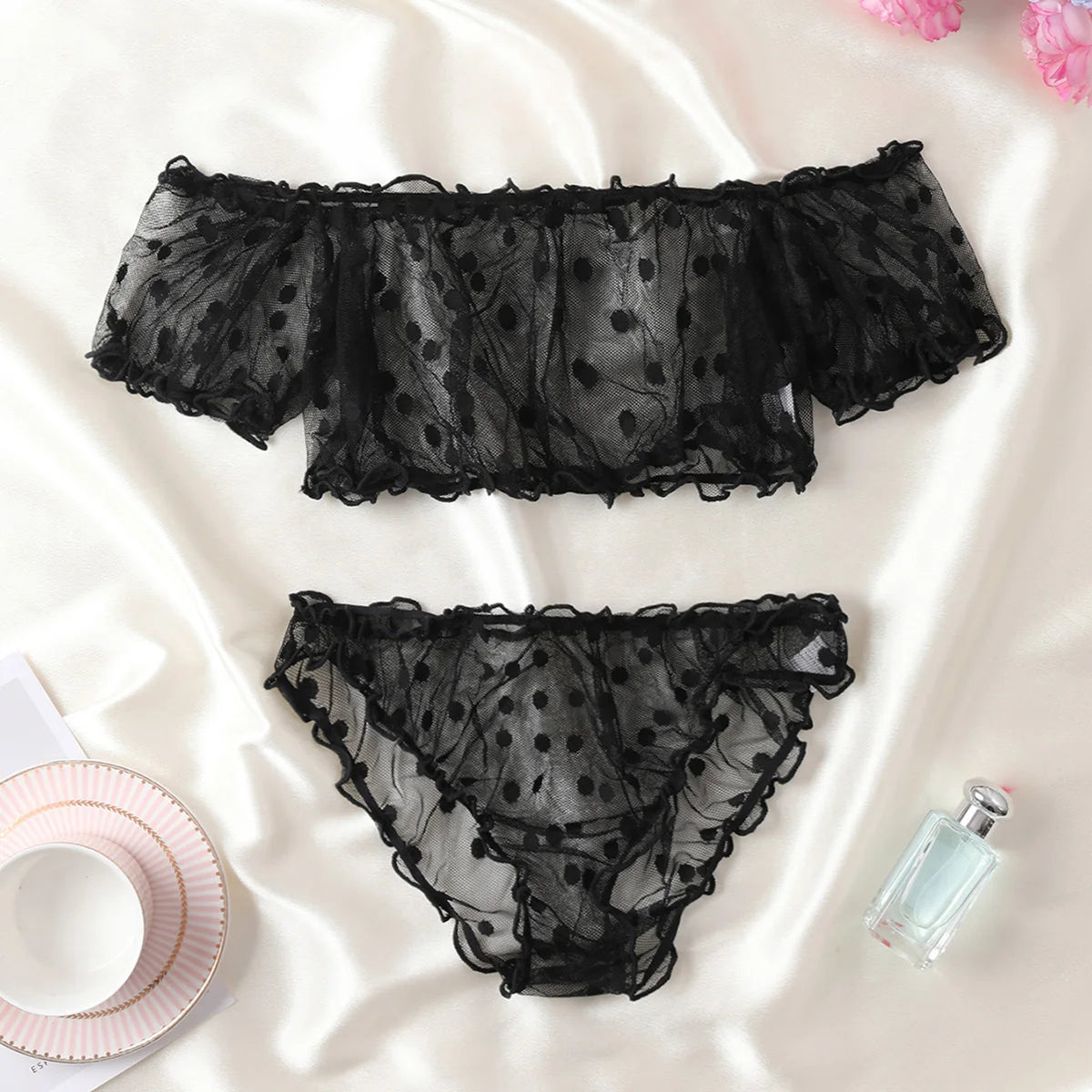 Polka Dot Pattern Semi-sheer Design Lingerie Set Bustier Top And Panty Sets Women's Clothing