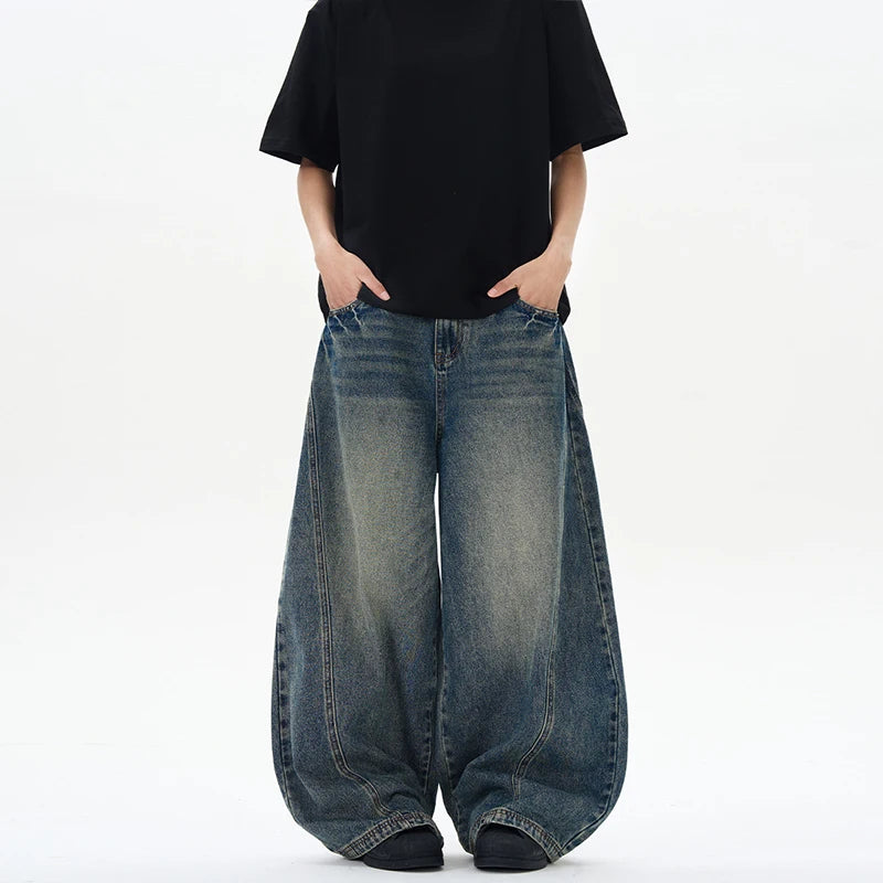 2025 Spring New Men's Jeans Oversized Wide Leg Pants Loose Vintage Patchwork Lightning Cracked Denim Trousers Streetwear Male Ürün ana görseli