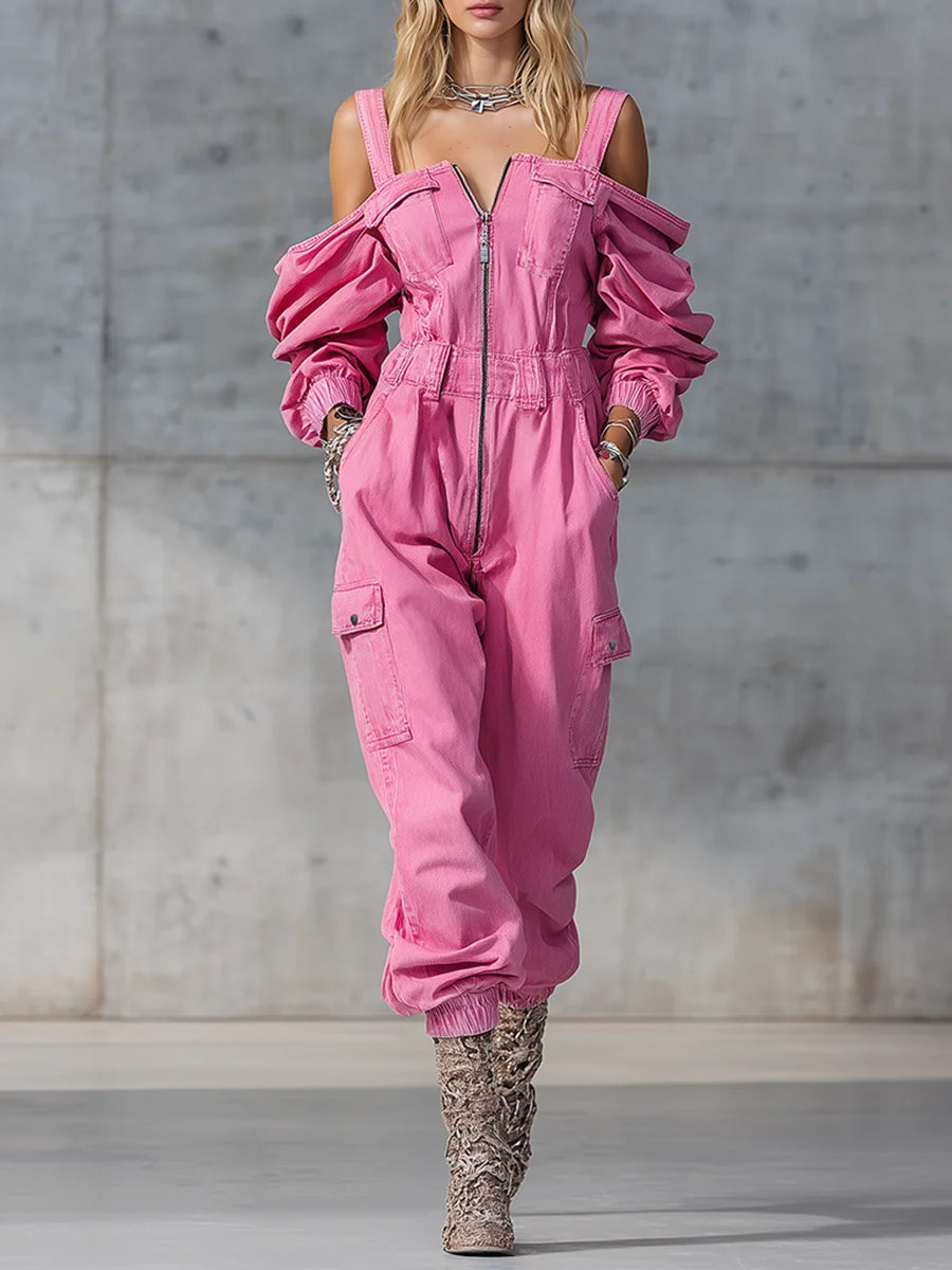 Vintage Denim Jumpsuit Woman Solid Zipper Off-shoulder High Wait Loose Cargo Pants Romper Long Sleeve Overalls One-Piece Suit Ürün ana görseli
