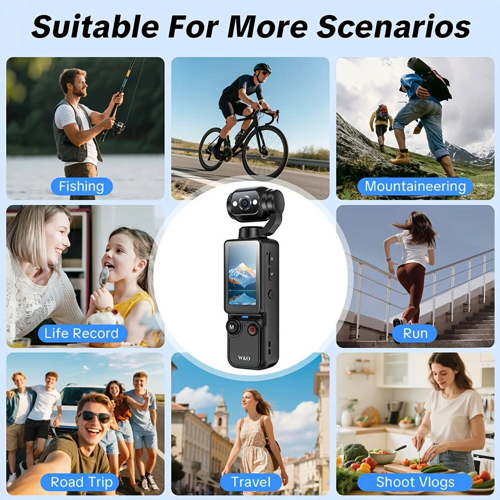 W&O 4K HD Action Camera, 1.9'' CMOS Sensor, 180° Rotatable, USB Rechargeable, Handheld Sports Vlog Camera for Daily Recording
