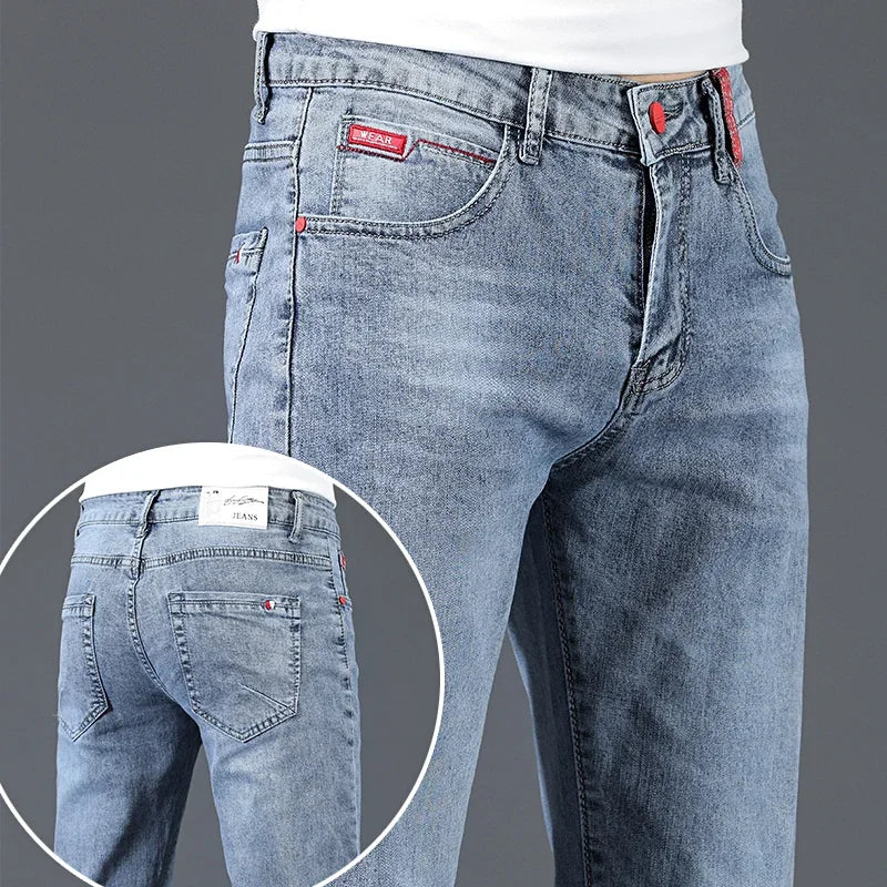 2024 New Men's Cotton Business Casual Skinny Jeans Trendy Fashionable Stretch Straight Slim Denim Trousers Male Blue Grey Ürün ana görseli