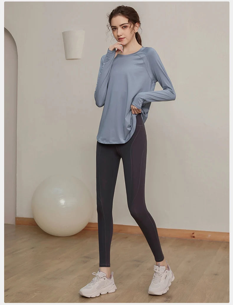 Loose, quick-drying sport tops, women's long-sleeved T-shirts, yoga wear, breathable running and fitness wear, slimming