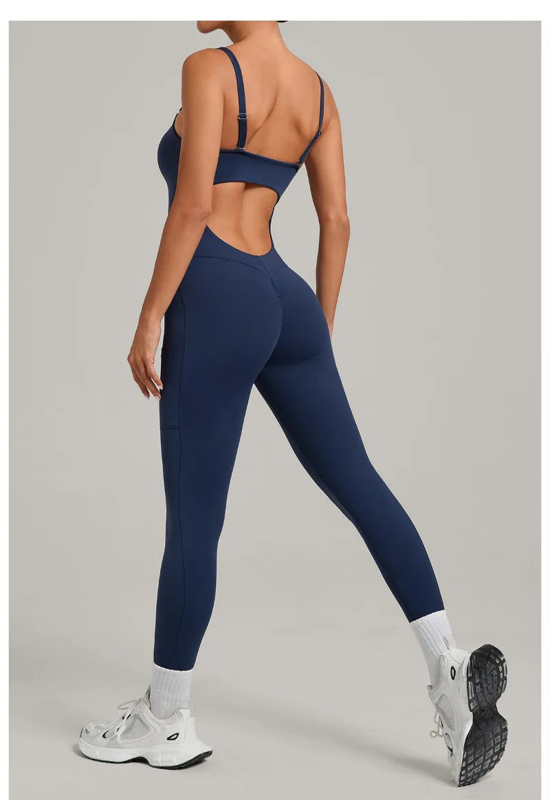 Women's Yoga Jumpsuits Sports Fitness One-piece Beauty Back Strap Pocket Hip-lifting Slim Fit Running Workout Training Bodysuits