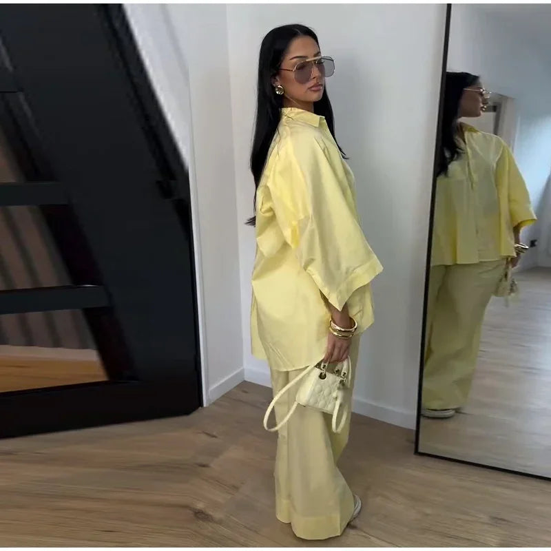 Women Solid Lapel Full Sleeves Pant Suits Chic Single Breasted Wide-leg Long Pants Sets 2026 Lady  Casual Daily Loose Fit Outfit