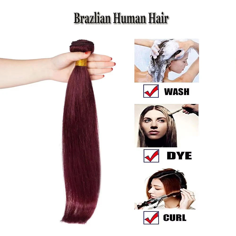 Wine Red #99J Remy Human Hair Weave 16-28 inch Long Silky Straight  Unprocessed Virgin Brazilian Hair Weft Extensions for Women