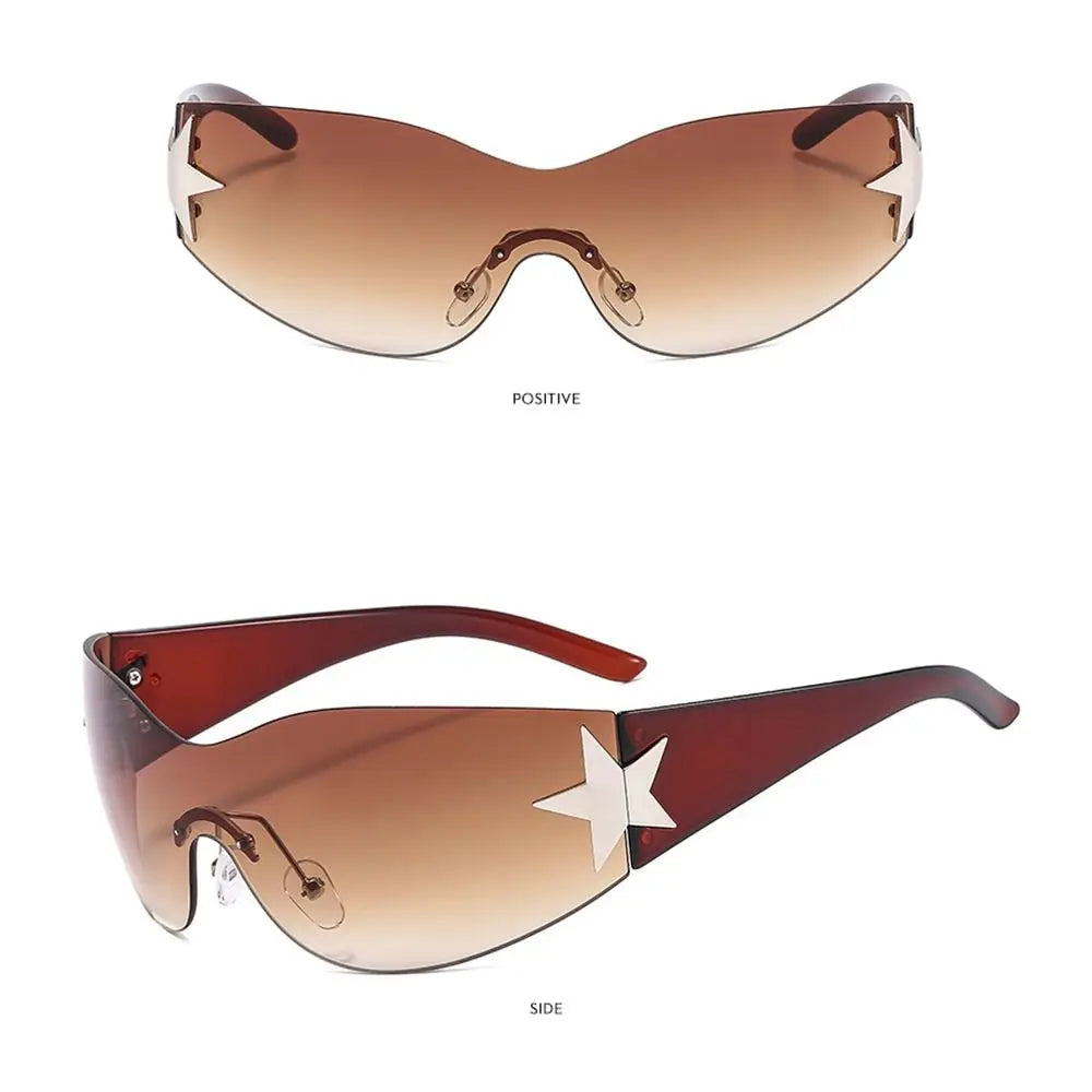 New Y2K Rimless Punk Sunglasses Goggle Women Men Luxury Brand Wrap Around Sun Glasses Five Star Eyewear Sports One Piece Shades
