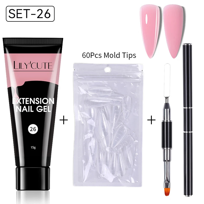 LILYCUTE 15ml Extension Gel Nail Polish Set Quick Nail Prolong With Extend Mold Nail Tips Acrylic Solution Manicure Tools Kit