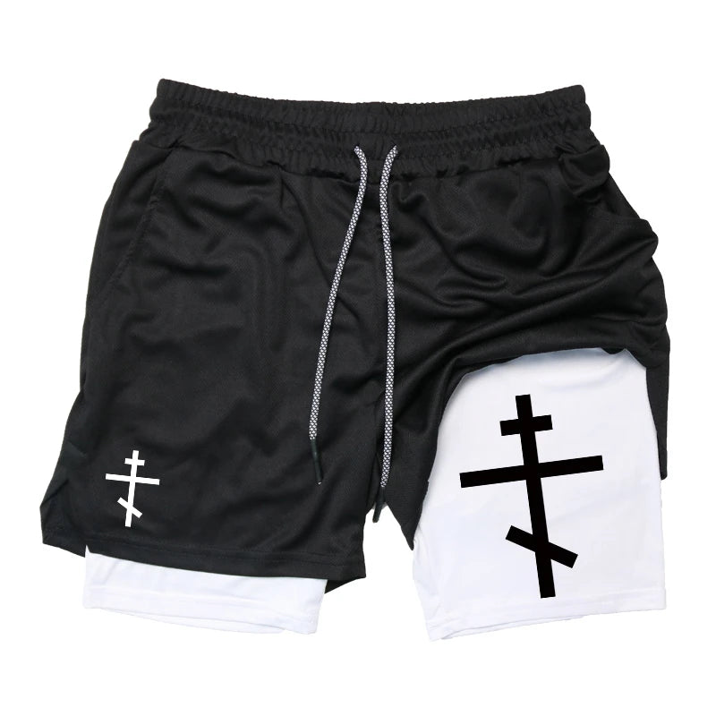 Print 2 in 1 Running Workout Shorts for Men Christian Gym Athletic Performance Shorts with Phone Pocket Towel Loop Activewear