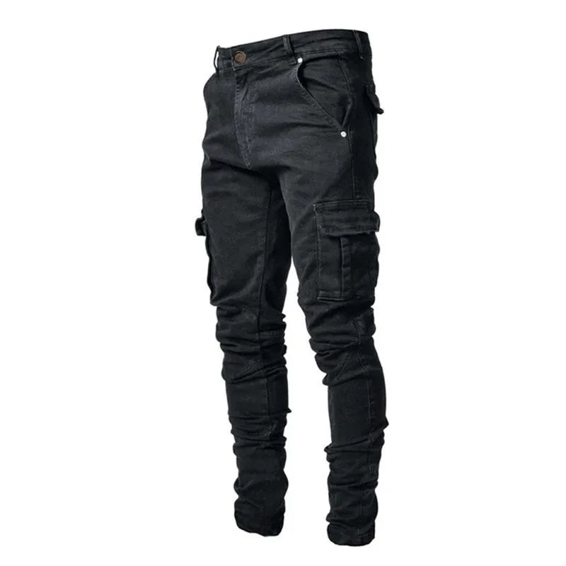 Men's street stretch denim jeans, washed solid color multi pocket work pants, casual slim fit, daily wear, jogging pants, mid wa