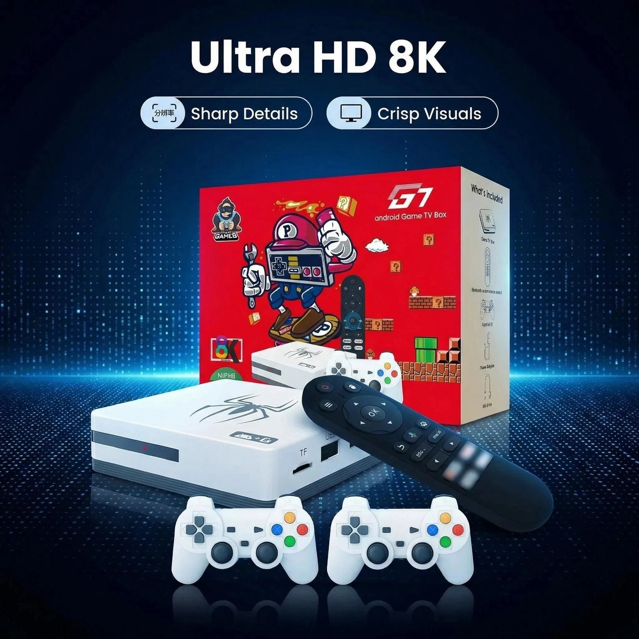 home gaming consoles G7,G8 8K 3D, supports two players, 60000 classic retro arcade games, includes 2.4G wireless controllers. Ürün ana görseli