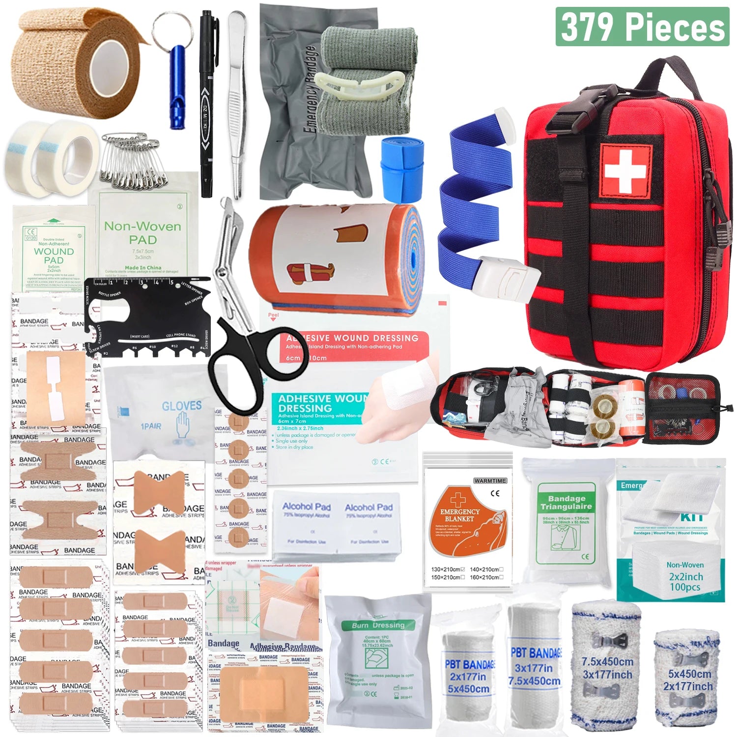 379pcs Home Office First Aid Kit Portable Emergency Bag, Red Survival Carry-On for Outdoor Activities, Camping, Hunting, Hiking Ürün ana görseli