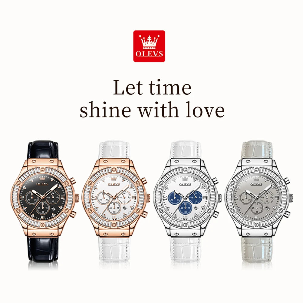 OLEVS 9978 Womens Watch Multifunctional Quartz Watch Waterproof Luminous Leather Strap Elegant Fashion Watches For Woman Gifts