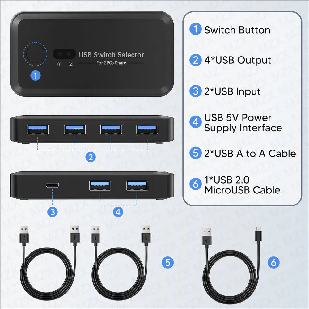 MZX USB 3.0 Switch KVM Switcher Selector KM Hub Docking Station Dock 2 Computer Laptop PC Accessories Share Keyboard for Macbook