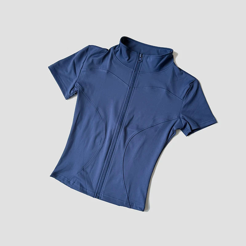 Slim Fit Short Sleeve Yoga Shirt Women's Stand Collar Zipper Jacket High End Running Sport Fitness Top