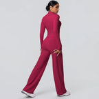 2pieces Quick Drying Sports Fitness Clothing Yoga Set Women Yoga Zipper Long Dleeves High Waisted Breathable Wide Leg Pants Set