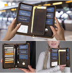 Family Passport Wallet with AirTag Slot for Travel Genuine Leather Credit Card Boarding Pass Holder Pen Cover Money Clutch Bag
