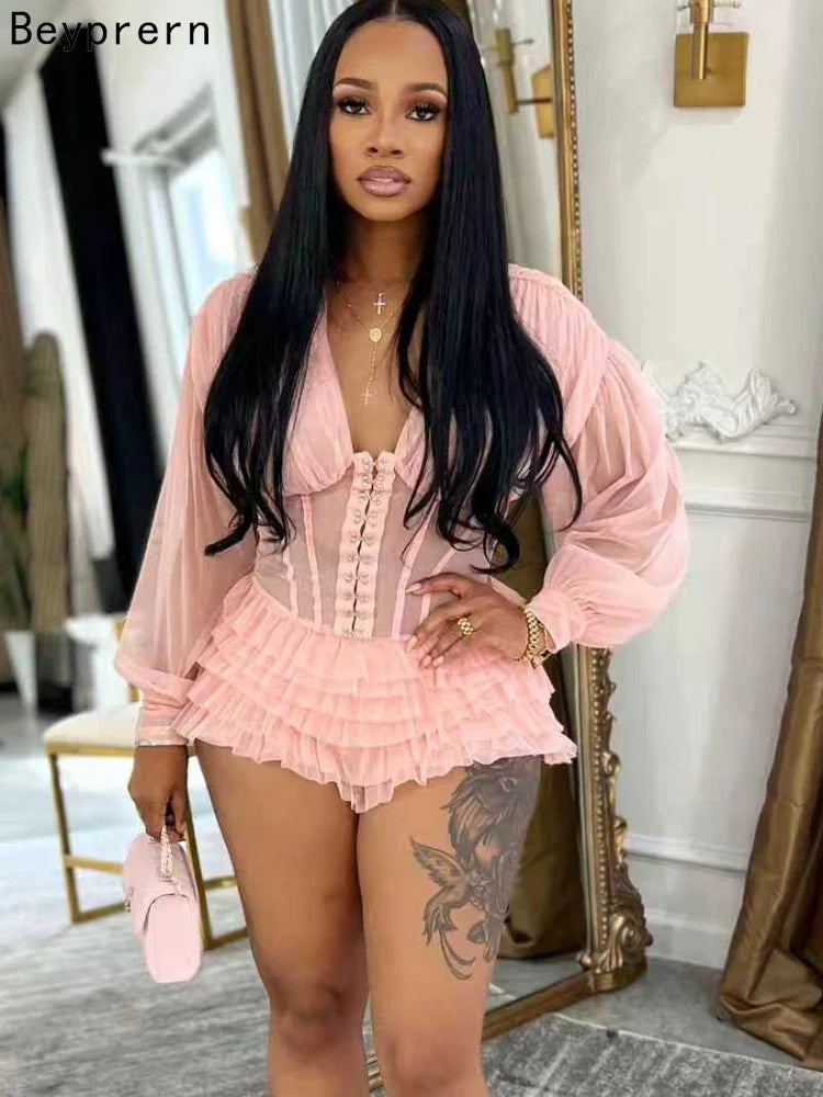 Beyprern Sexy Black Mesh Corset Jumpsuit Women Gothic Ruffle Layered Rompers Long Sleeve Sheer Bodysuit Nightclub Party Outfits Ürün ana görseli