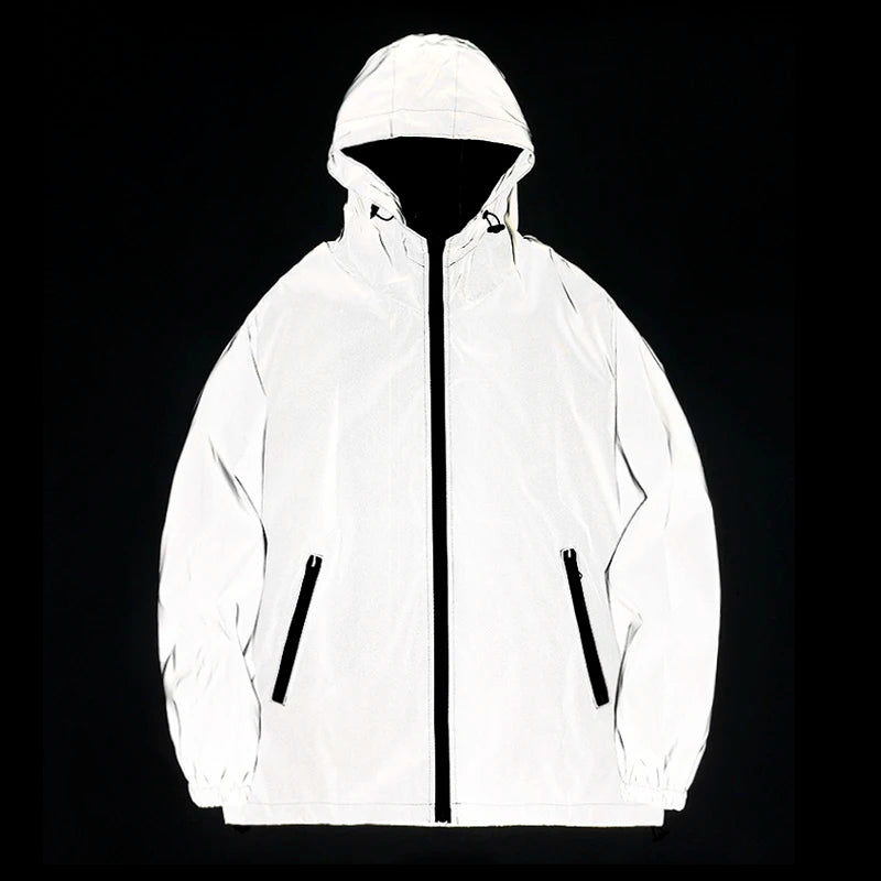 NEW SIZE Night Reflective Jackets Double Fabric Windbreaker Hooded Jacket Men Hip Hop Dancer Waterproof Zipper Coats Outwear Ürün ana görseli