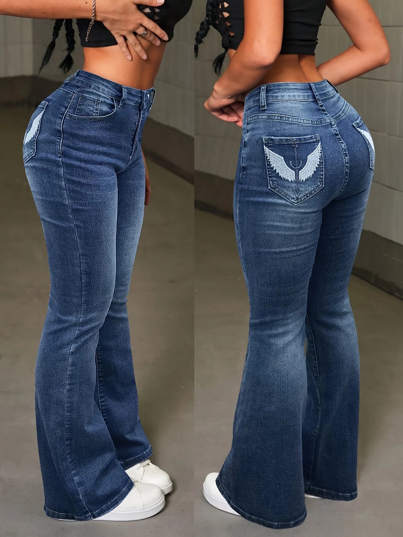 Y2k Casual Stretchy High Waist Wings Embroidered Flare Leg Jeans Sexy Retro Pocket Skinny Fitted Festival Jeans For Women Main image