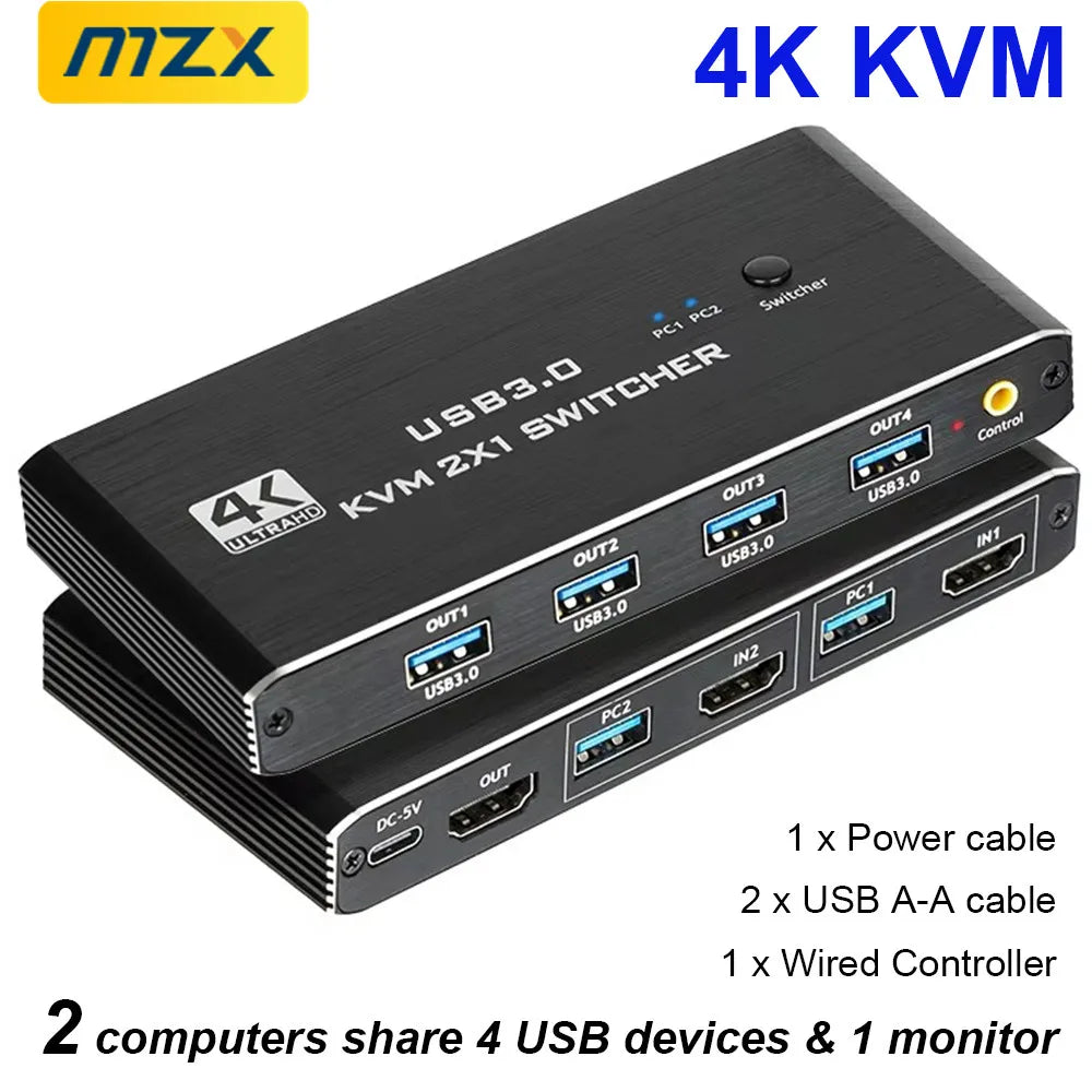 MZX KVM Switch Switcher 4K 60Hz HD4K 2.0 Splitter USB 3.0 Hub Docking Station Dock 2 Computers PC Sharing Keyboard Mouse Printer Main image