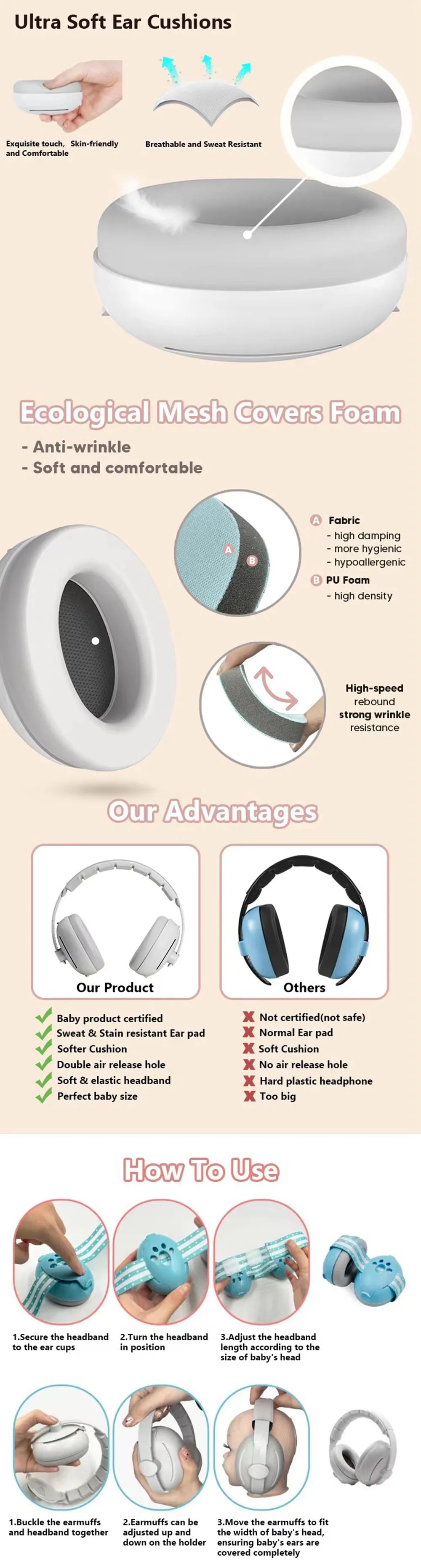 Baby Noise Cancelling Ear Muffs Sleeping Sound Insulation Safety Noise Reduction Ear Defenders Baby Earmuffs with Non-Slip Band