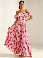 2026 summer off-the-shoulder tulip print plus size slimming square neck maxi dress