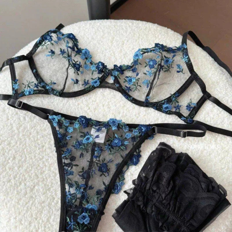 European Women Alluring Sheer Lace Embroidery Underwire Bra, Big Bust Support Minimize Anti‑Sagging Soft Lingerie S‑XL  Bra Set Secondary image