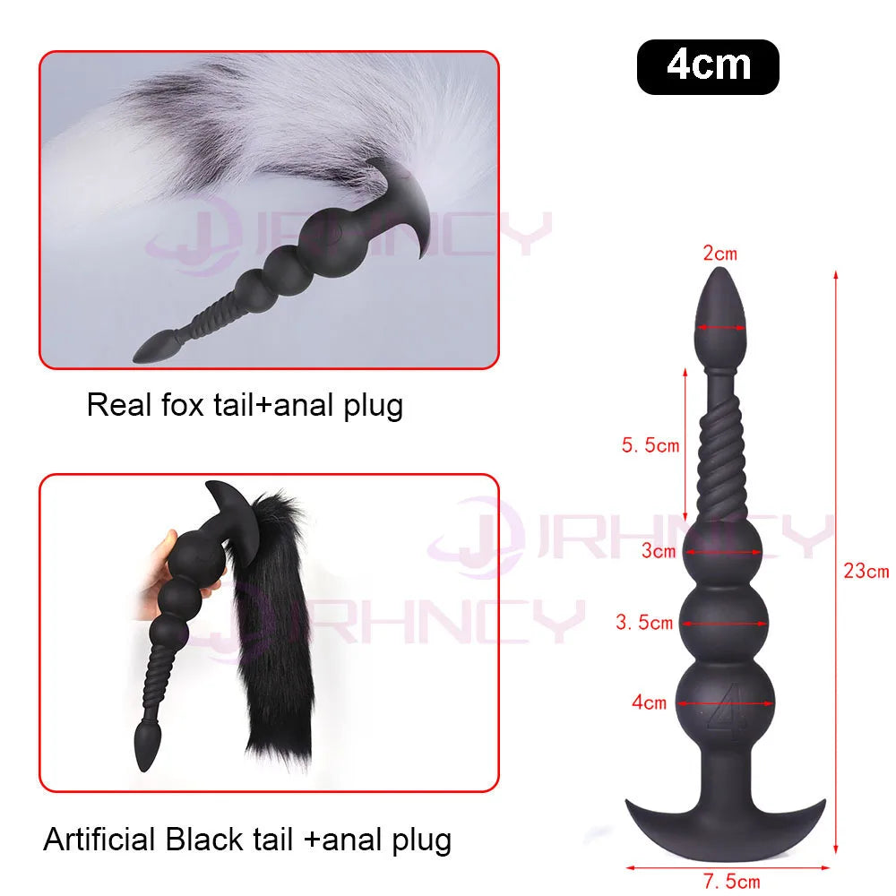 3-10cm Huge Anal Plug with Tail Sex Toys for Adult Games Couples DIY Cosplay Big Butt Plug Silicone Soft Long Anal Beads Women