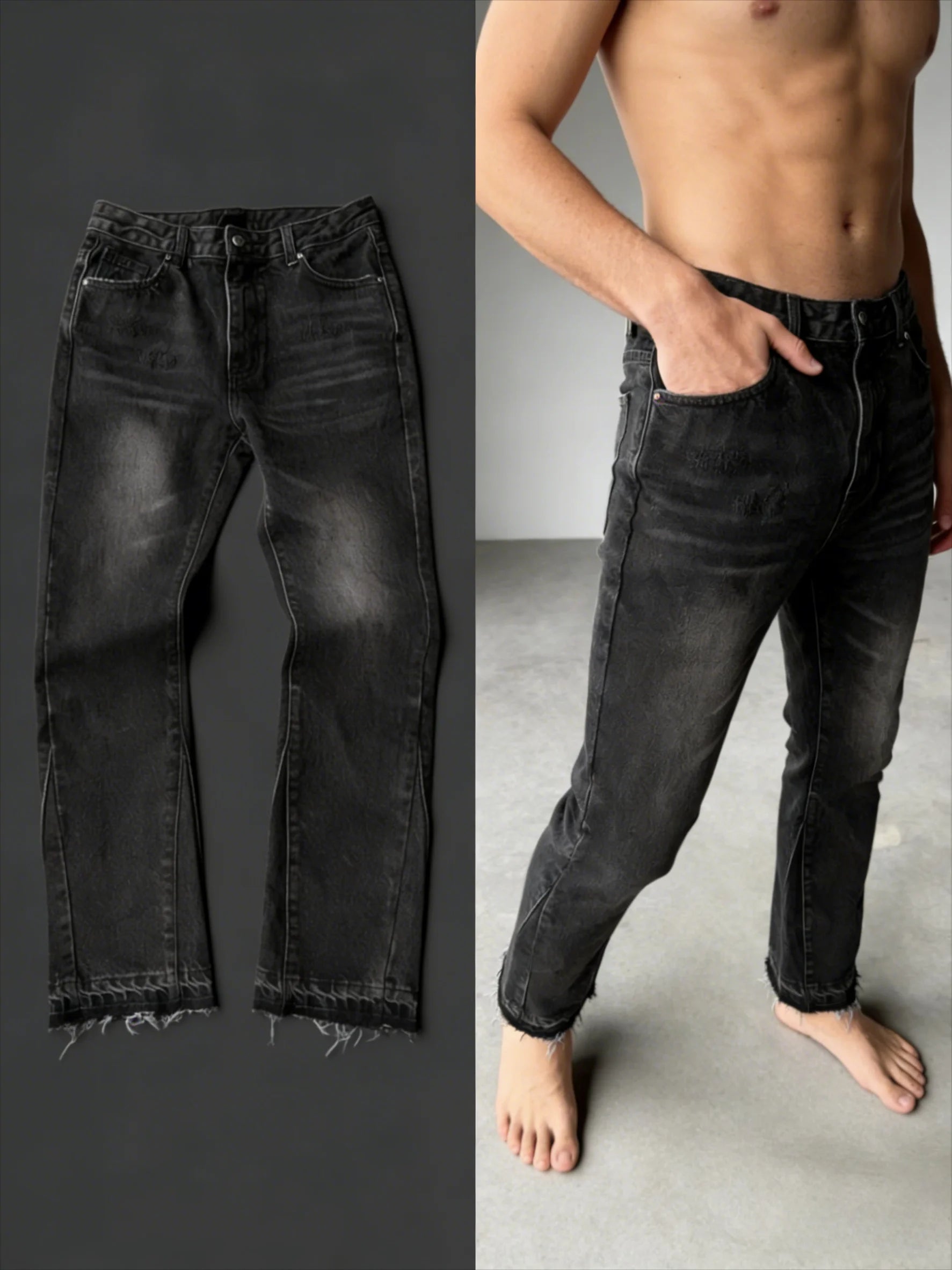 Y2K Black Washed Embroidered High-waisted Oversized Jeans Men European and American Retro Classic Loose Wide-leg Straight Pants