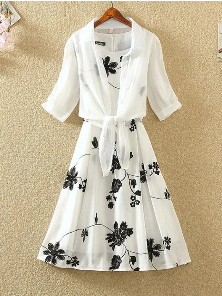 Elegant New Suit High Waist Sleeveless Slim A-line Skirt Floral Two-piece Dress Embroidery White Top Bow Belt Vintage Women