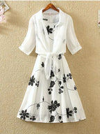 Elegant New Suit High Waist Sleeveless Slim A-line Skirt Floral Two-piece Dress Embroidery White Top Bow Belt Vintage Women
