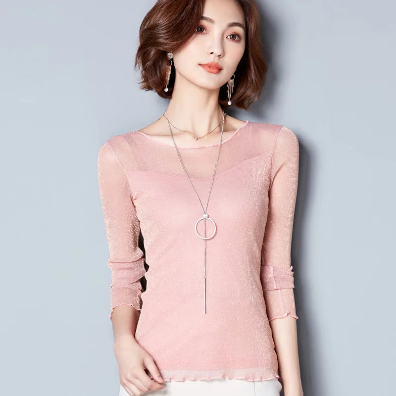 Glitter Mesh Blouse Sexy Womens Shirts Long Sleeve Tops Korean Black Pink O-Neck Elegant Slim Blouse Camisas Femininas Ürün ana görseli
