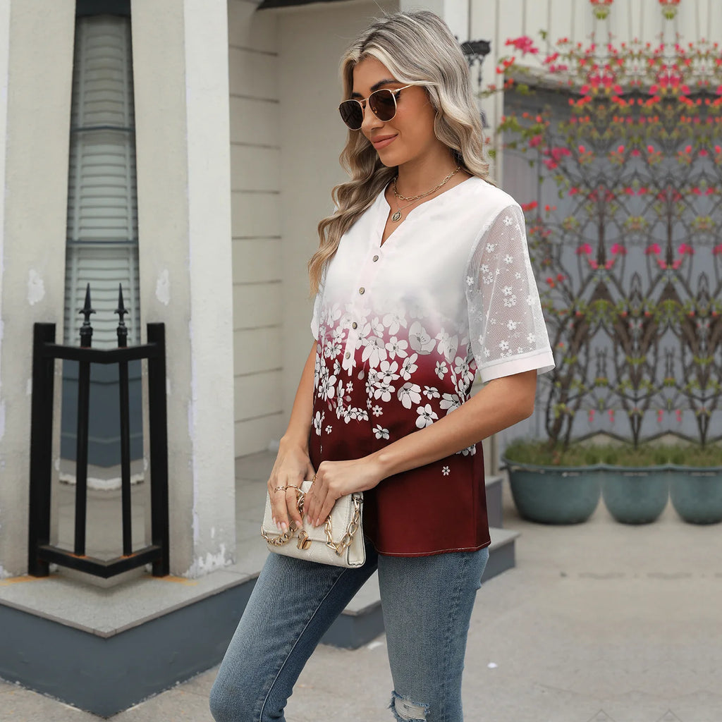 Summer Shirts Women Lace Patchwork Short Sleeve Blouse Flower Print Clothing Fashion Street Casual Daily V-Neck Button Tops 2025