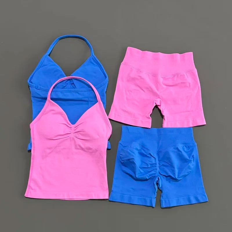 2 Pieces Sports Set Women Backless Halter Tops Fitness Tank Top High Waist Seamless High Stretch Shorts Gym Workout Sets