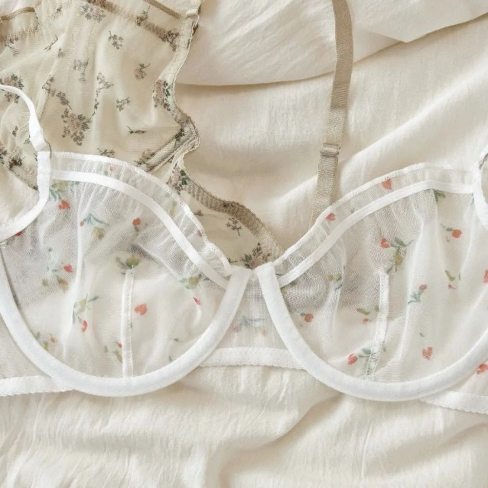 French Ultra Thin Lingerie Set Sexy Lace Floral Prints Bra Fashion Women Underwear Mesh Breathable Intimates Bras and Thong Sets