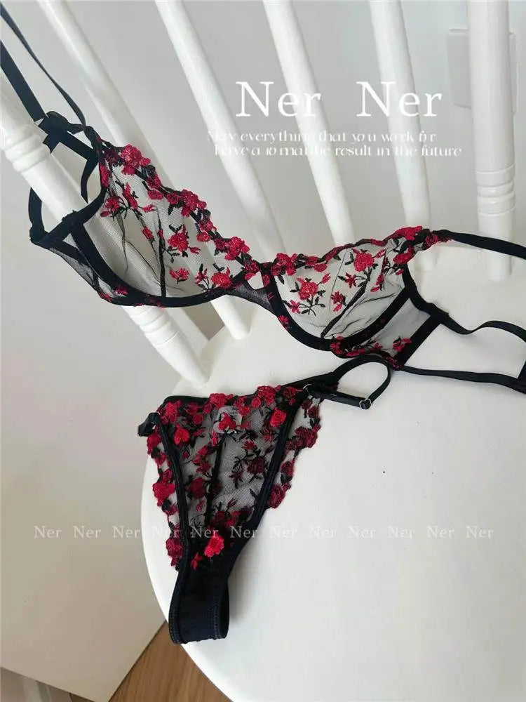 YUQI French Luxury Lingerie Set - Sexy Floral Embroidery Black Bra & Panty Set, Sheer Transparent Seductive Women's Intimates
