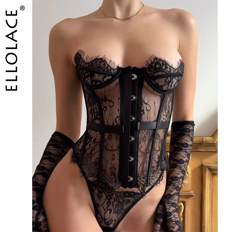 Ellolace Palace Women's Lingerie Sets Willowy Corset Thong 2PC Set Sexy Hot Strapless Lace Fancy Deep V-neck Women Underwear Secondary image